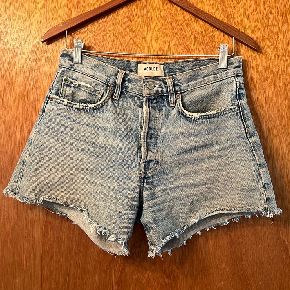 Agolde Parker Long Jean Shorts in Wheel Distressed Button Fly - Size 26